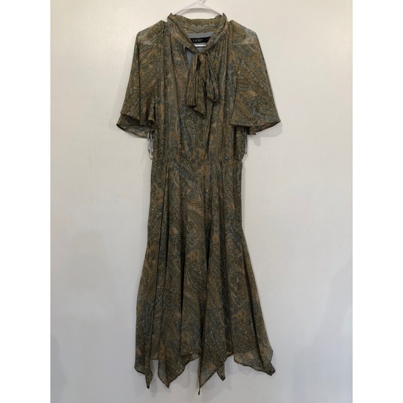 Lauren Ralph Lauren Paisley Crinkle Georgette Dress Tie Neck Flared Hem Sheer 8‎ - Picture 1 of 16